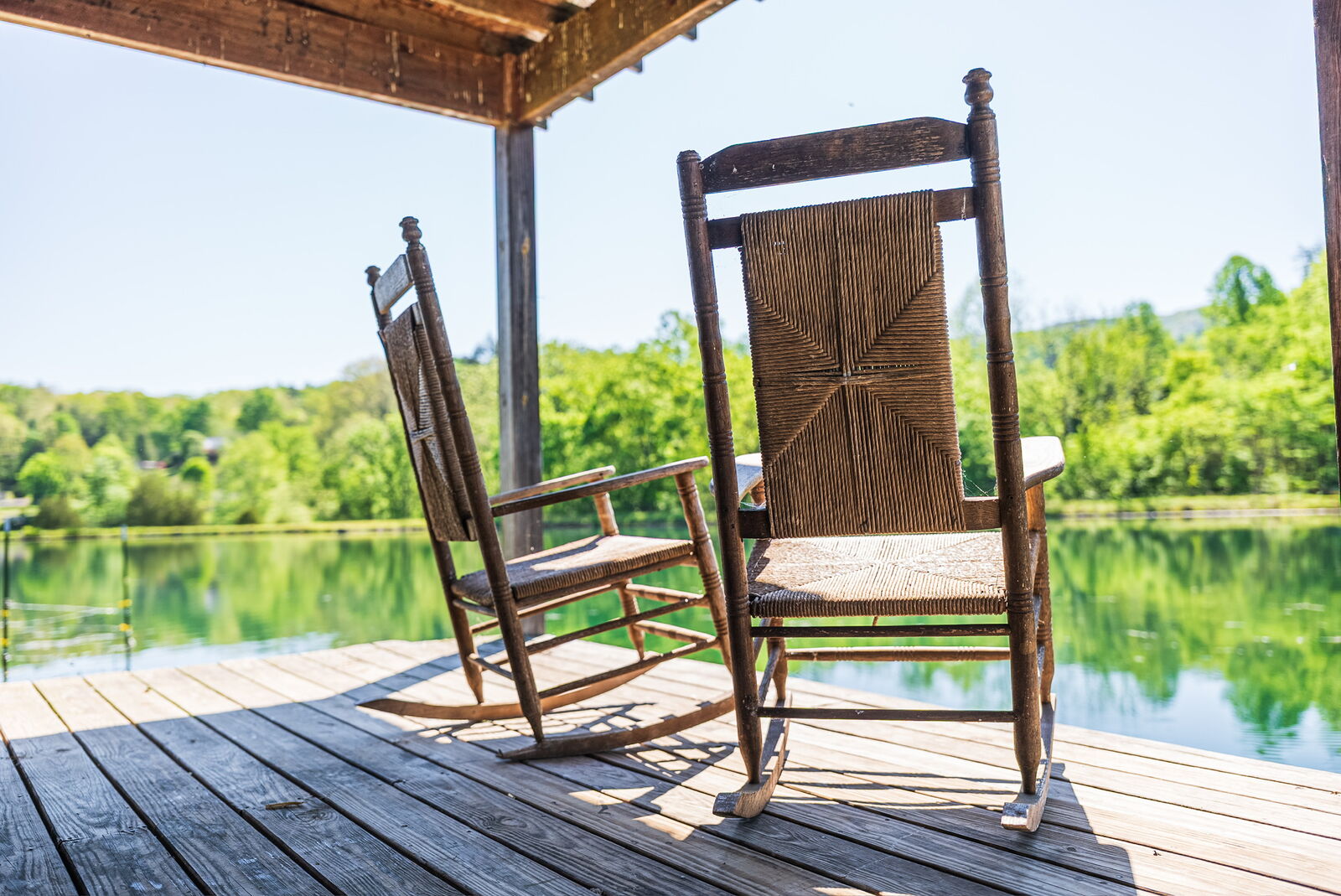 Waterfront rocking chairs overlooking the lake